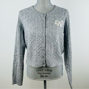Mustard Seed Women’s SZ M Gray Cable Knit Cardigan Sweater Bow Detail Party